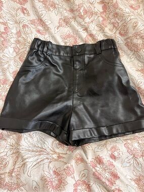 Kids Black Faux Leather Shorts with Elastic Waist for girls 6-7 y.o